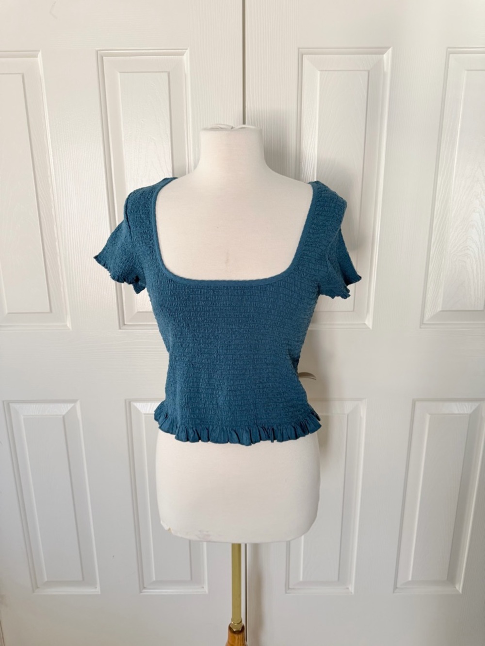 Free People Teal Smocked Square-Neck Ruffle Crop Top